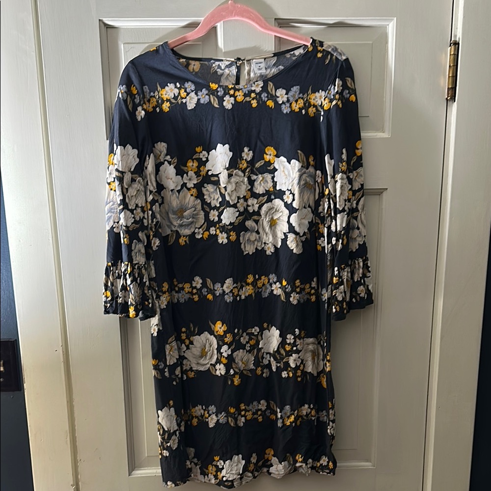 Old Navy Floral Navy Blue Bell Sleeve Shift Dress Women's Size M Cottagecore